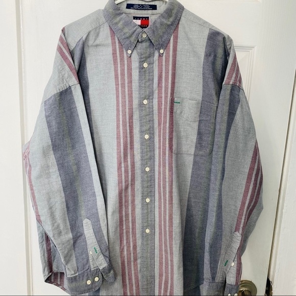 Men shirt Tommy Hilfiger Shirt button down long sleeve gray maroon cotton Large - Picture 1 of 10